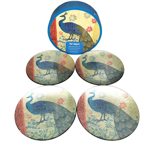 Pier 1 Imports Peacock Plates Appetizer Plates Glass Shimmer Foil Plates Set 4 - Picture 11 of 11